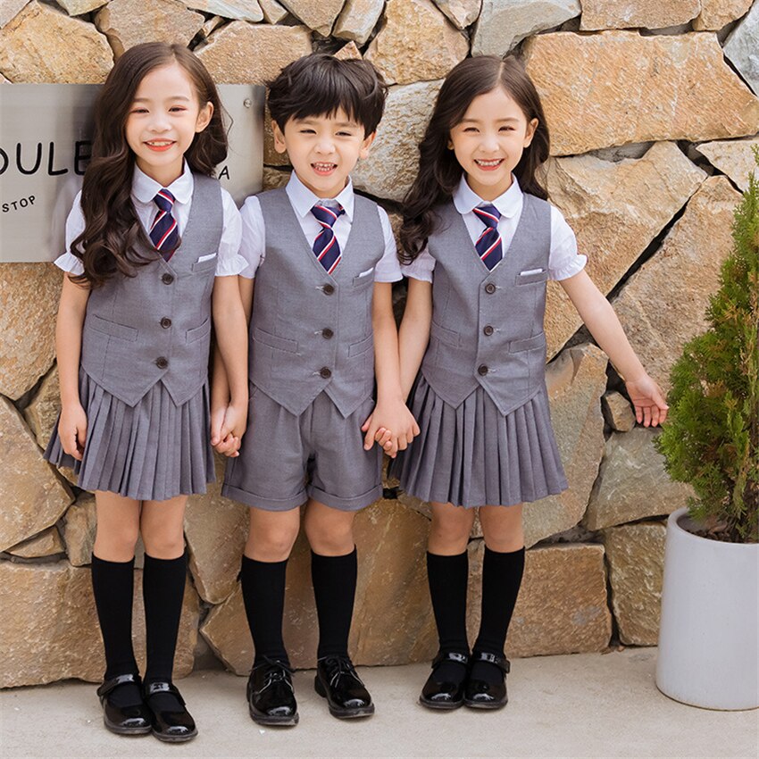 2022 한국어 스타일 아동 학교 유니폼 패션 톱 플리츠 스커트 조끼 클래스 유니폼 공연 정장 소년 소녀 무대 착용